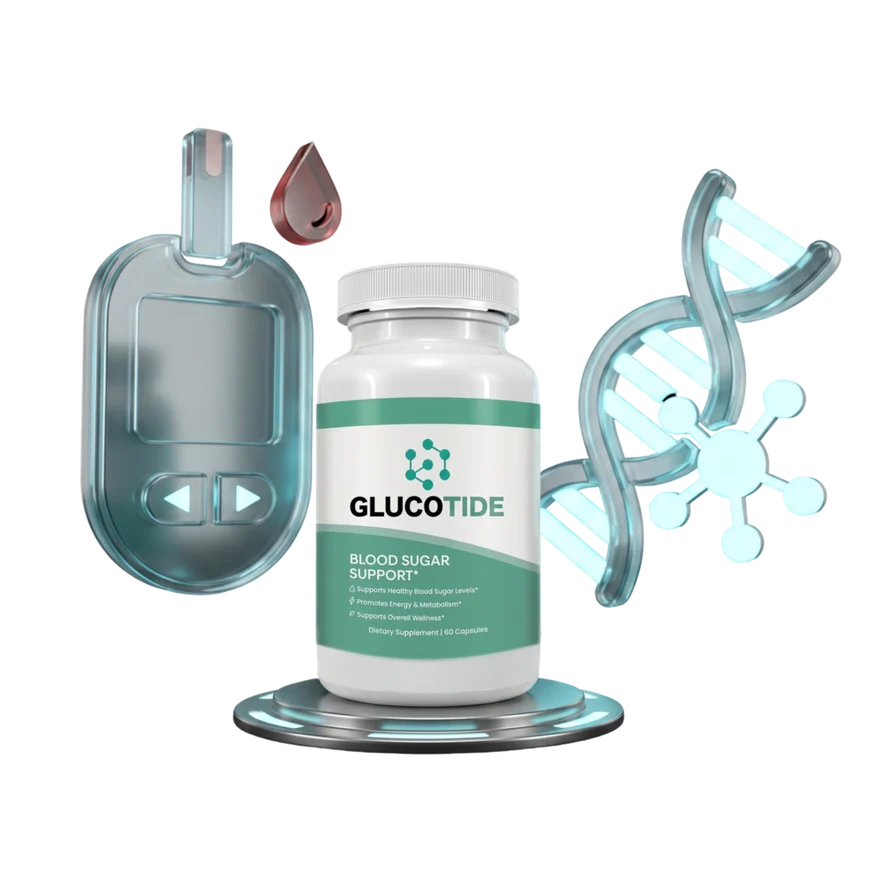 Glucotide blood sugar support bottle with a glucose meter and DNA helix